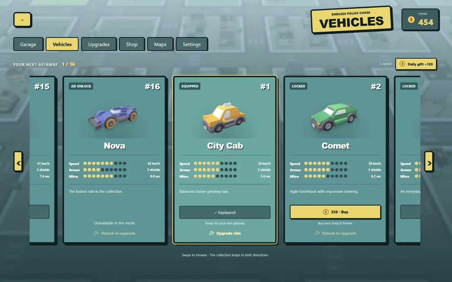 Vehicle selection in the Endless Police Chase garage