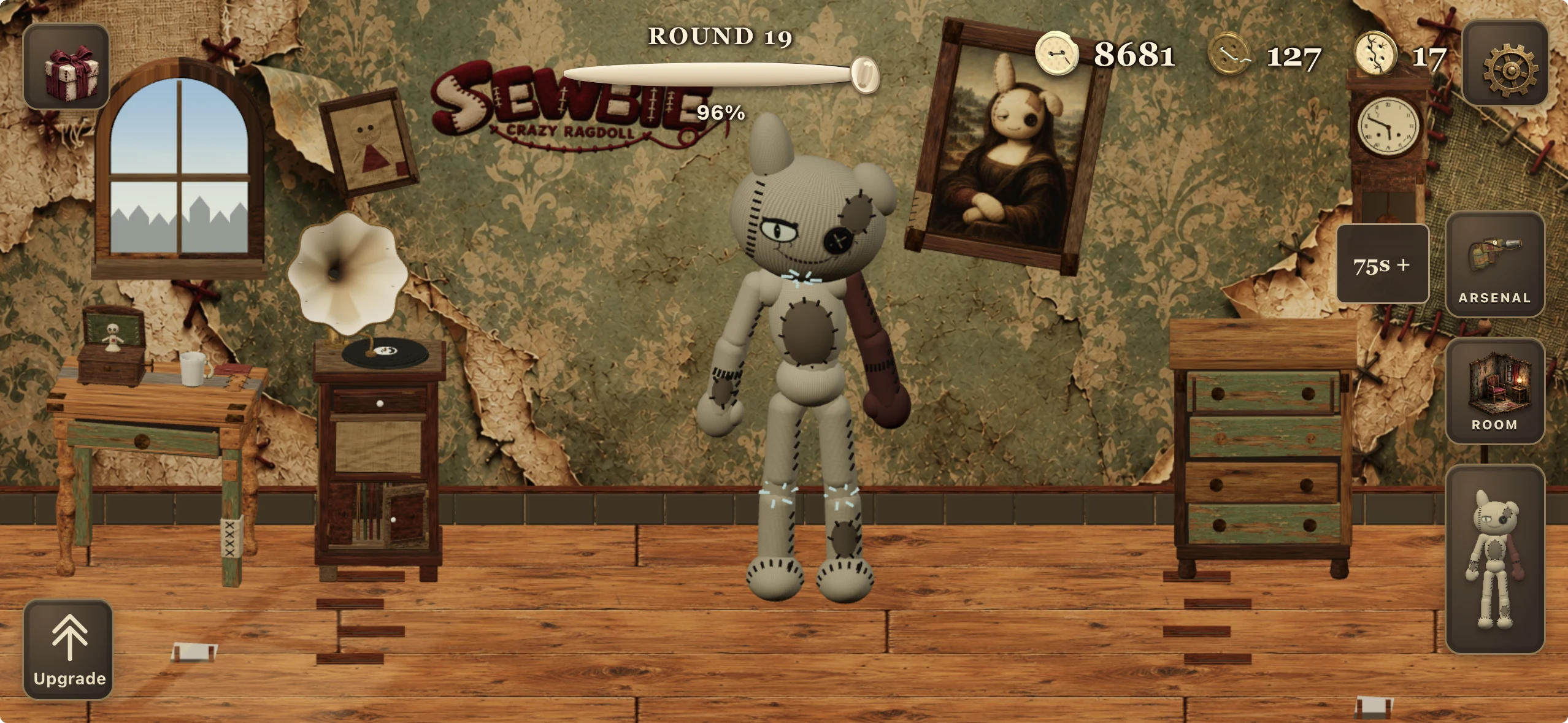 Sewbie, a patchwork haunted doll, in a room of antique furniture